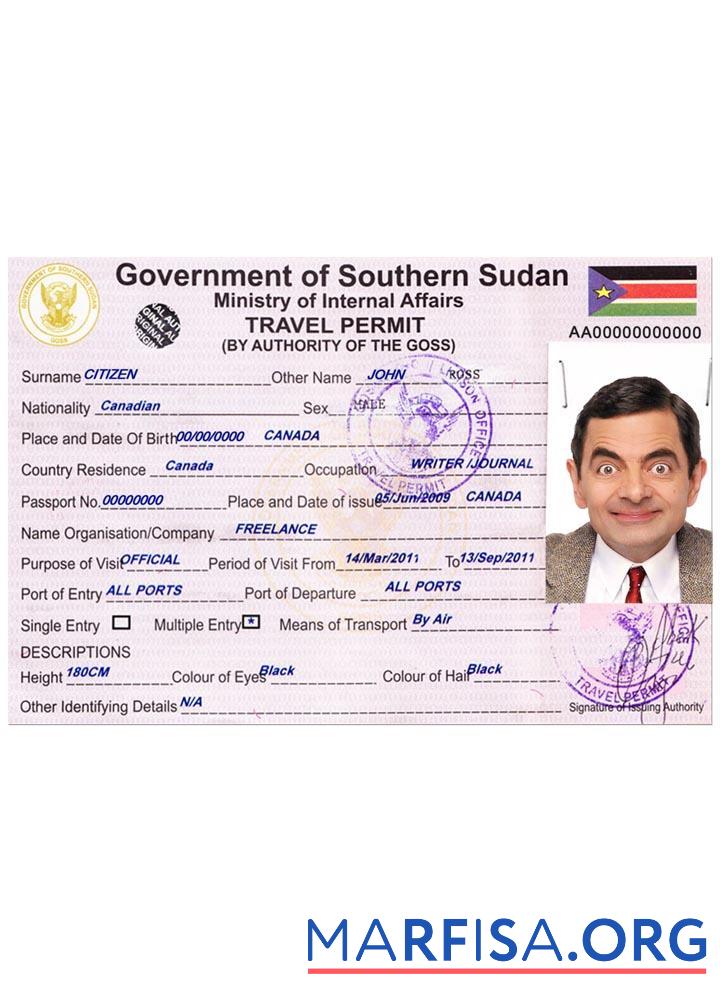Blank South Sudan travel permit download for verification
